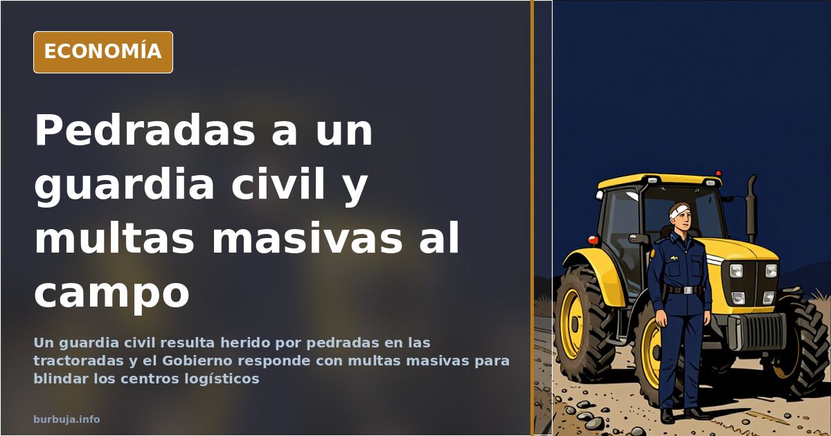 Agente de la Guardia Civil durante un control en unas protestas agrarias, con tractores y pancartas al fondo