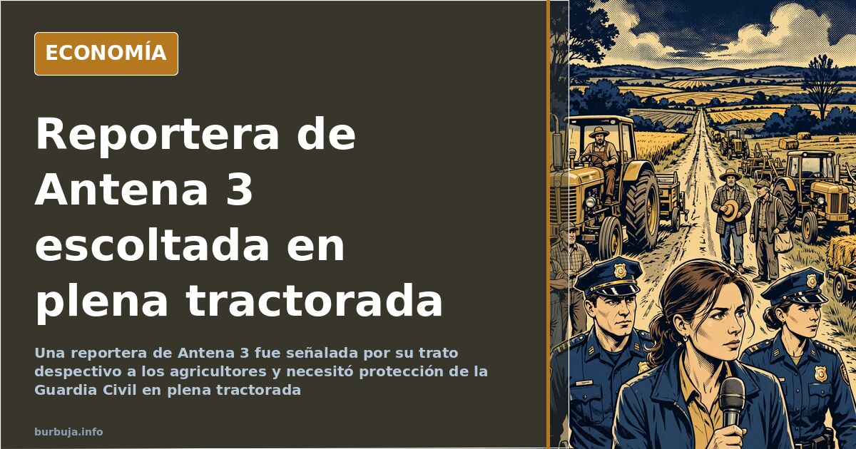 Tractor y pancartas de una protesta agraria con una reportera de televisión y agentes de la Guardia Civil al fondo