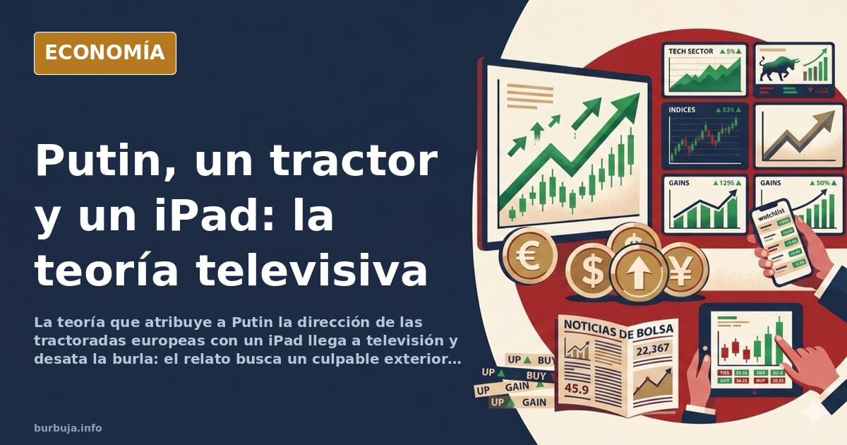 Ilustración editorial de un tractor agrícola sobre un mapa de Europa con un iPad flotando en el cielo nocturno