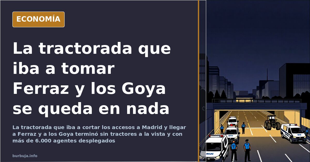 Ilustración editorial de un tractor solitario detenido ante un cordón policial en una avenida vacía al amanecer