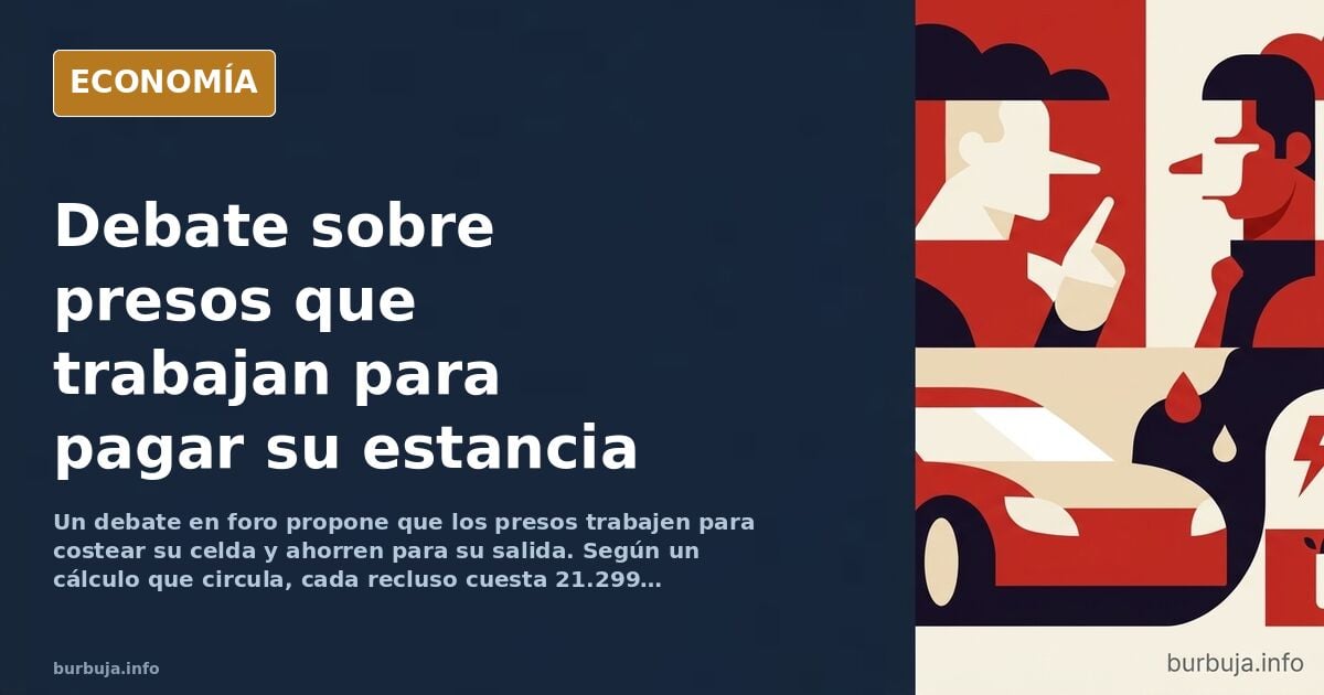 Ilustración editorial de una celda de prisión con un preso trabajando y una reserva de dinero acumulándose junto a la puerta