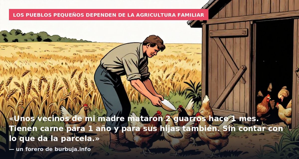 Los pueblos pequeños dependen de la agricultura familiar: «Unos vecinos de mi madre mataron 2 guarros hace 1 mes. Tienen carne para 1 año y para sus hijas también. Sin contar con lo que da la parcela.» — un forero de burbuja.info