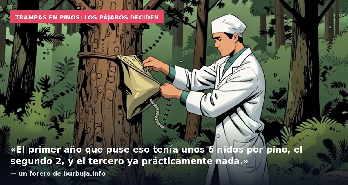Trampas en pinos: los pájaros deciden: «El primer año que puse eso tenía unos 6 nidos por pino, el segundo 2, y el tercero ya prácticamente nada.» — un forero de burbuja.info