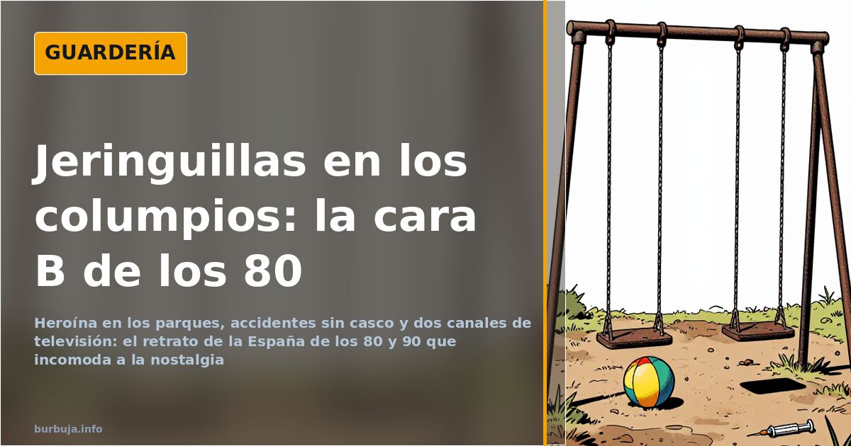 Ilustración de un parque urbano de los 80 con columpios metálicos, símbolo de la heroína y las jeringuillas de la época