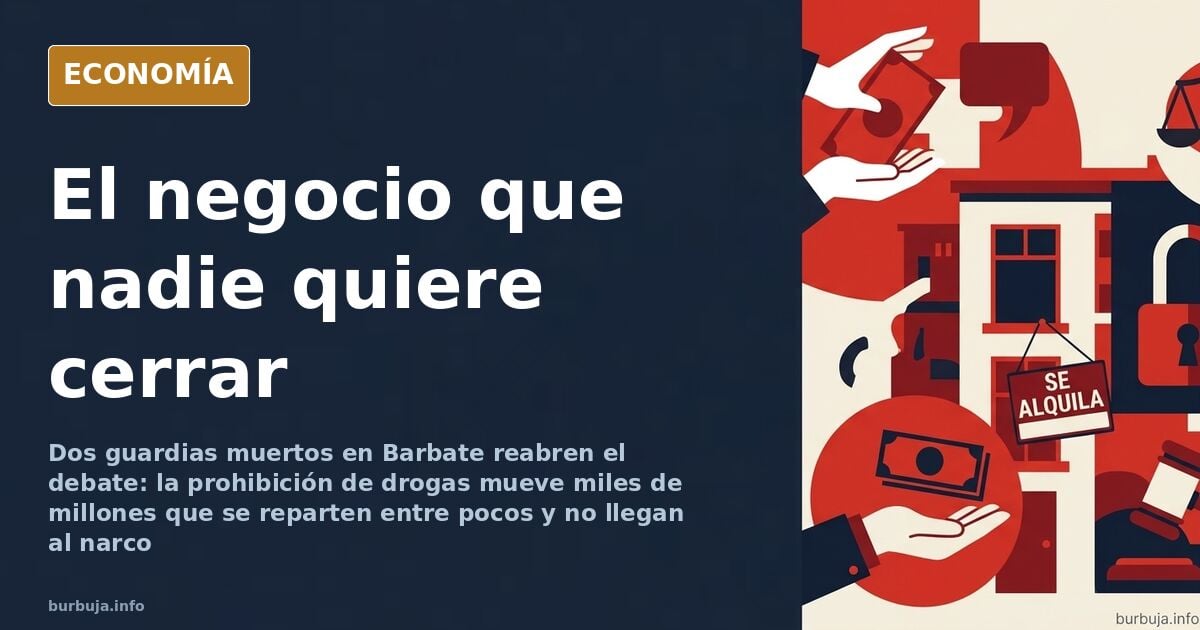 Ilustración editorial de una balanza con billetes y sustancias prohibidas en un lado y agentes de seguridad en el otro
