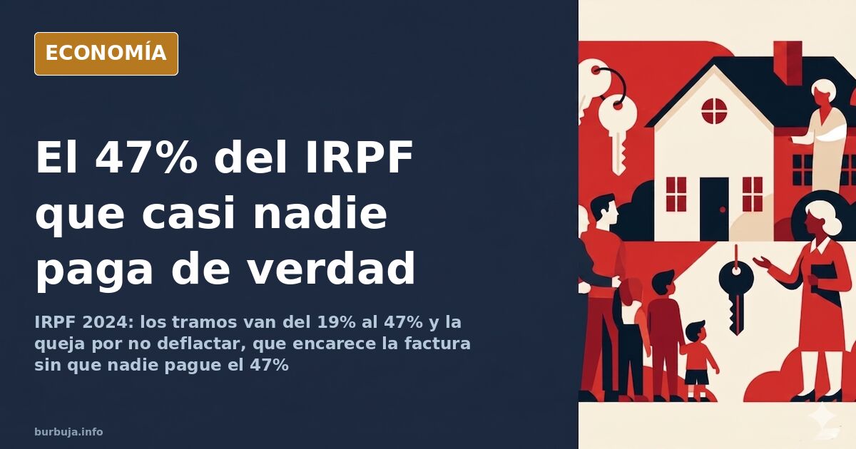 Ilustración editorial de los tramos del IRPF como una escalera de barras doradas sobre fondo azul marino, con el salto del 37