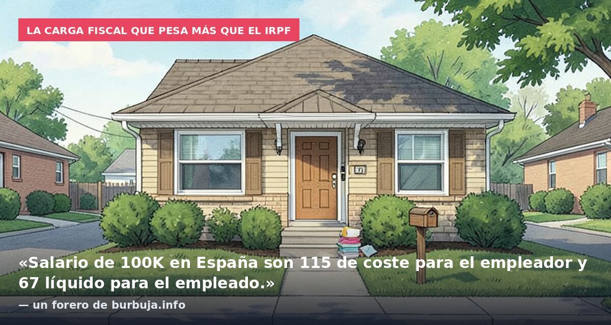 La carga fiscal que pesa más que el IRPF: «Salario de 100K en España son 115 de coste para el empleador y 67 líquido para el empleado.» — un forero de burbuja.info