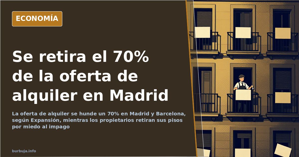 Calle urbana con edificios residenciales y carteles de se alquila que ilustra la caída de la oferta de alquiler