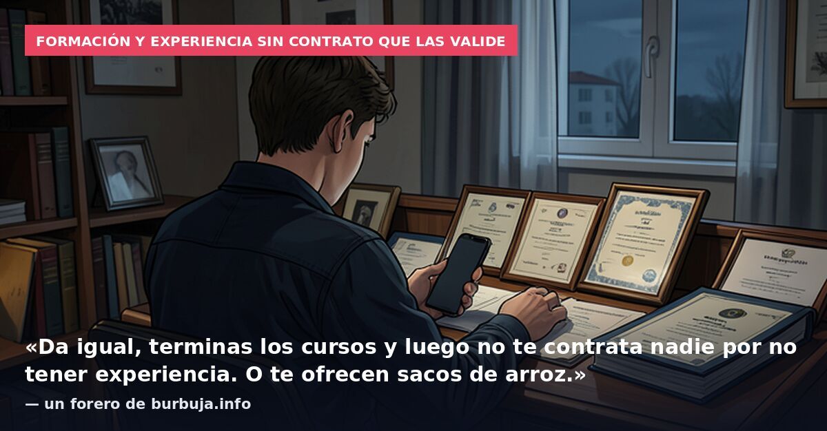 Formación y experiencia sin contrato que las valide: «Da igual, terminas los cursos y luego no te contrata nadie por no tener experiencia. O te ofrecen sacos de arroz.» — un forero de burbuja.info