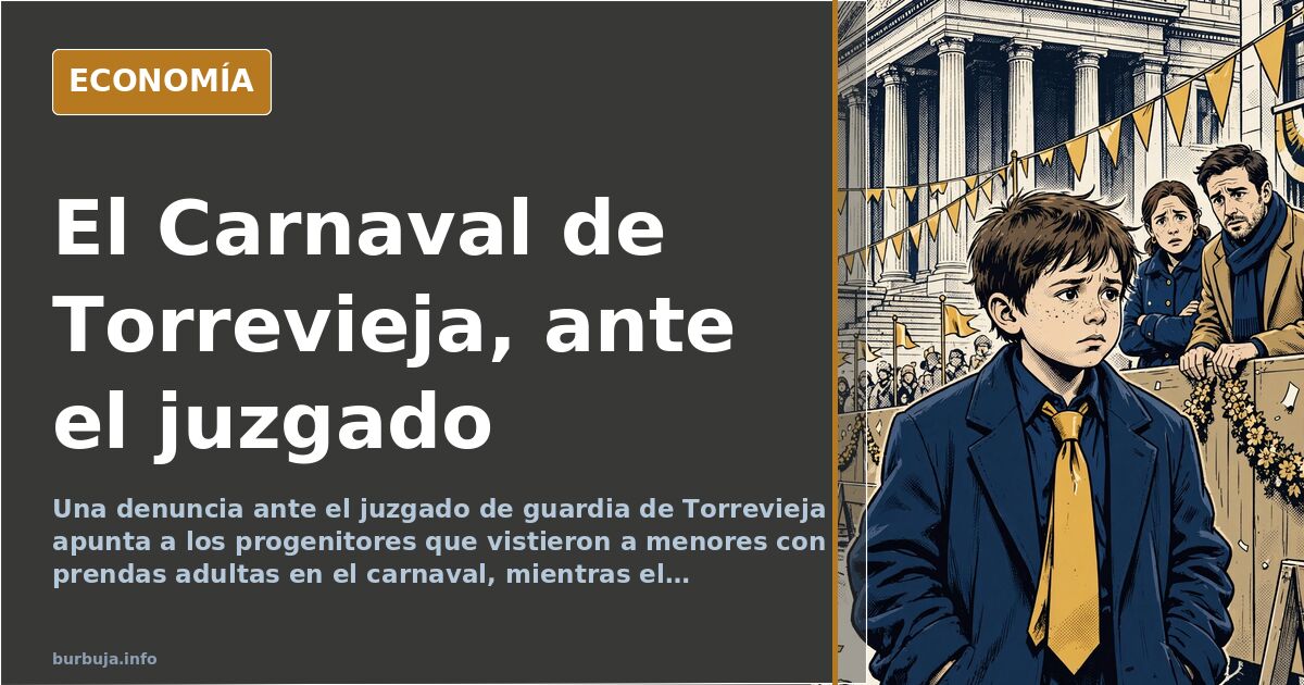 Ilustración editorial del carnaval de Torrevieja con una denuncia judicial sobre los disfraces de menores