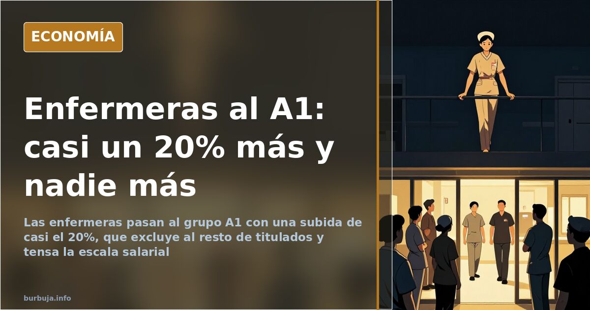Profesionales de enfermería en un hospital junto a una gráfica que ilustra la subida salarial del grupo A1