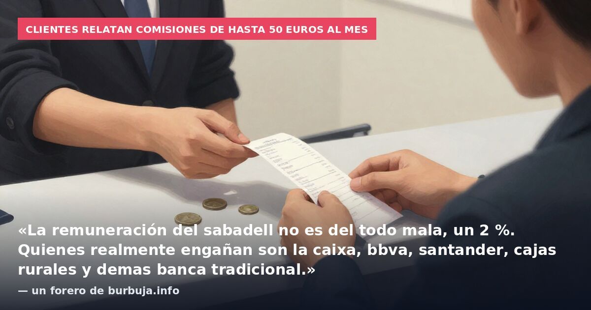 Clientes relatan comisiones de hasta 50 euros al mes: «La remuneración del sabadell no es del todo mala, un 2 %. Quienes realmente engañan son la caixa, bbva, santander, cajas rurales y demas banca tradicional.» — un forero de burbuja.info