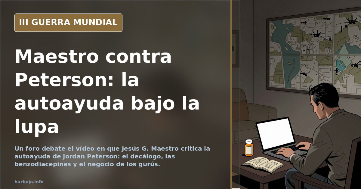 Retrato ilustrado de un crítico literario señalando un libro de autoayuda sobre una mesa, con siluetas de gurús y pastillas a