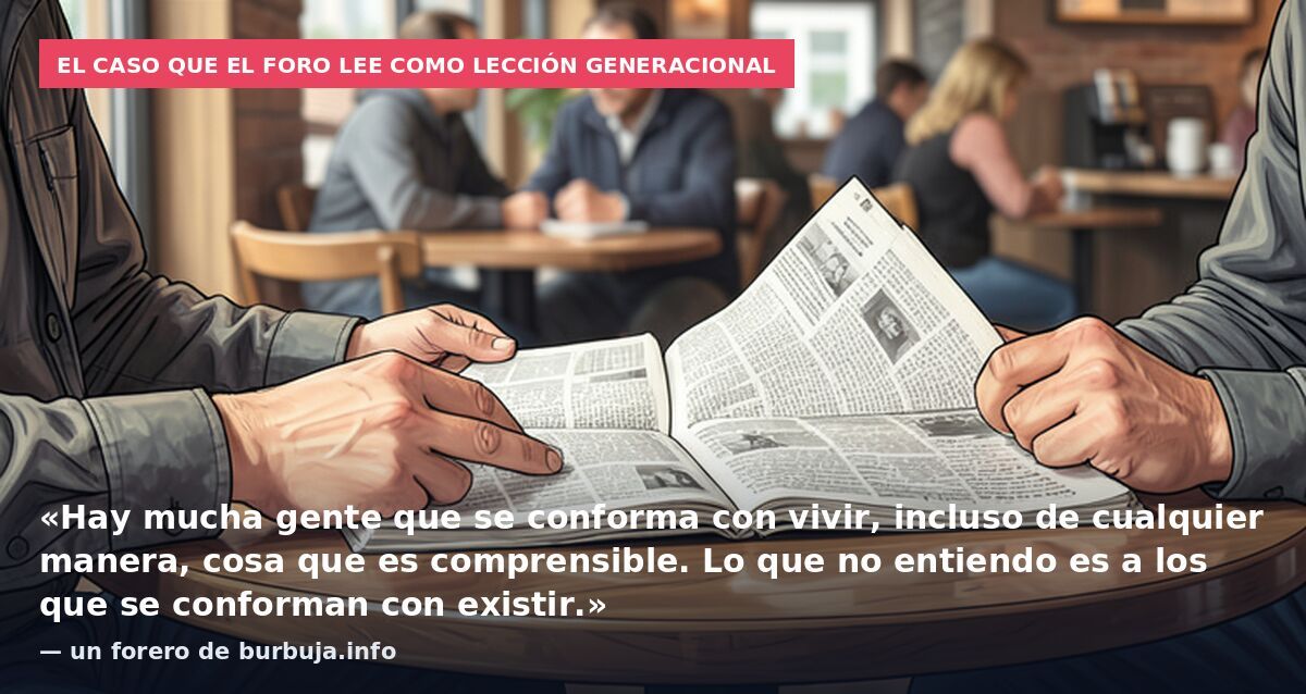 El caso que el foro lee como lección generacional: «Hay mucha gente que se conforma con vivir, incluso de cualquier manera, cosa que es comprensible. Lo que no entiendo es a los que se conforman con existir.» — un forero de burbuja.info