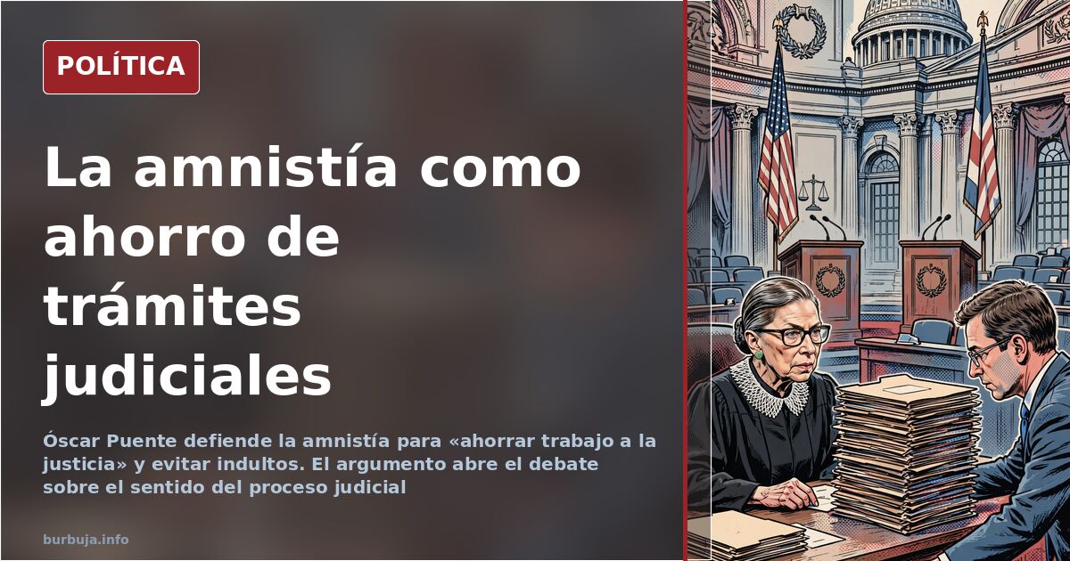 Caricatura editorial de Óscar Puente ante una balanza de la justicia, ilustración sobre la ley de amnistía y el indulto
