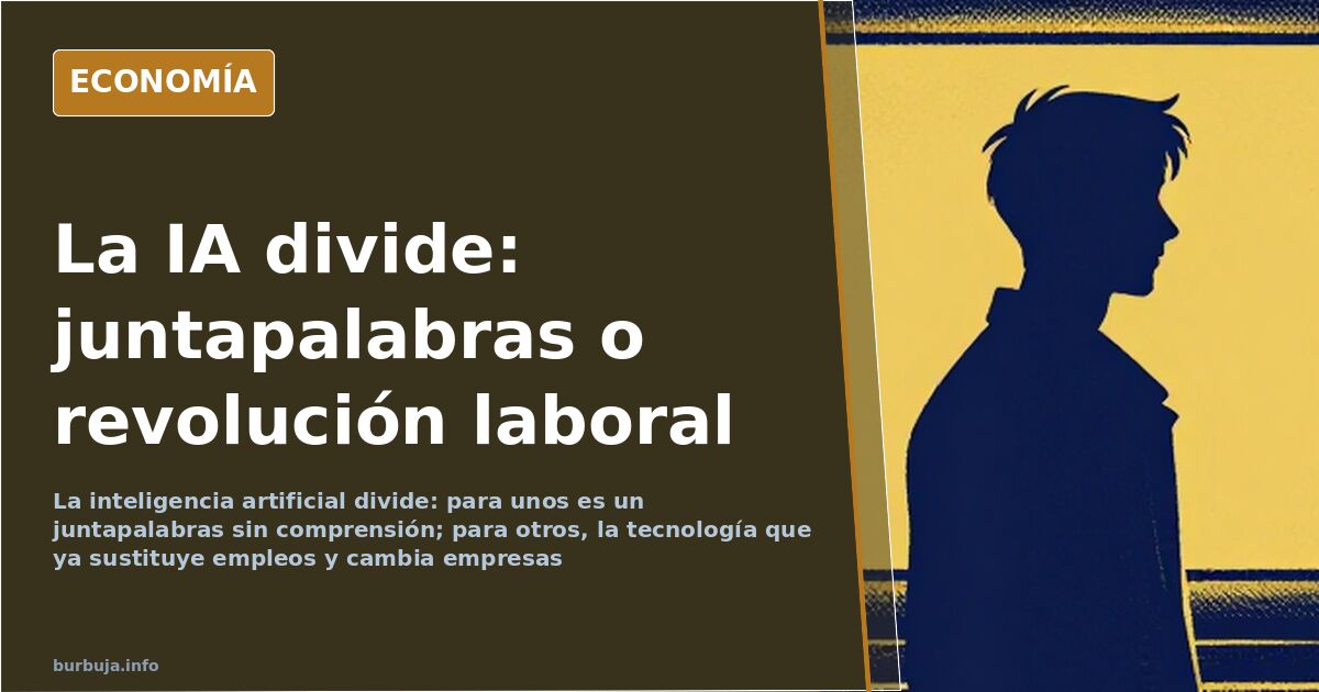 Ilustración editorial sobre inteligencia artificial: una mano humana y líneas de código doradas sobre fondo azul marino