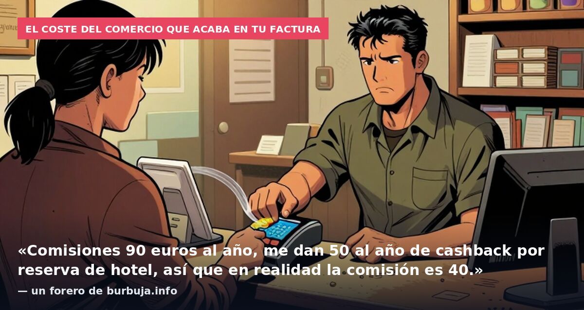 El coste del comercio que acaba en tu factura: «Comisiones 90 euros al año, me dan 50 al año de cashback por reserva de hotel, así que en realidad la comisión es 40.» — un forero de burbuja.info