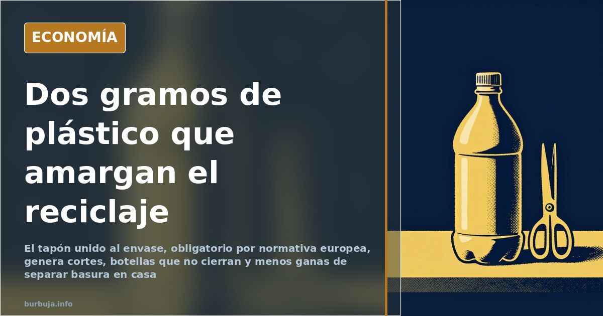 Ilustración de una botella de plástico con el tapón unido al envase junto a unas tijeras de cocina sobre una encimera