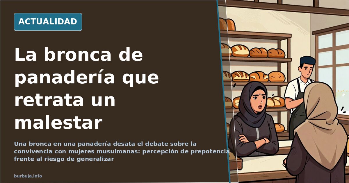 Panadería de barrio con una dependienta tras el mostrador y una clienta, ilustración editorial sobre convivencia y mujeres mu