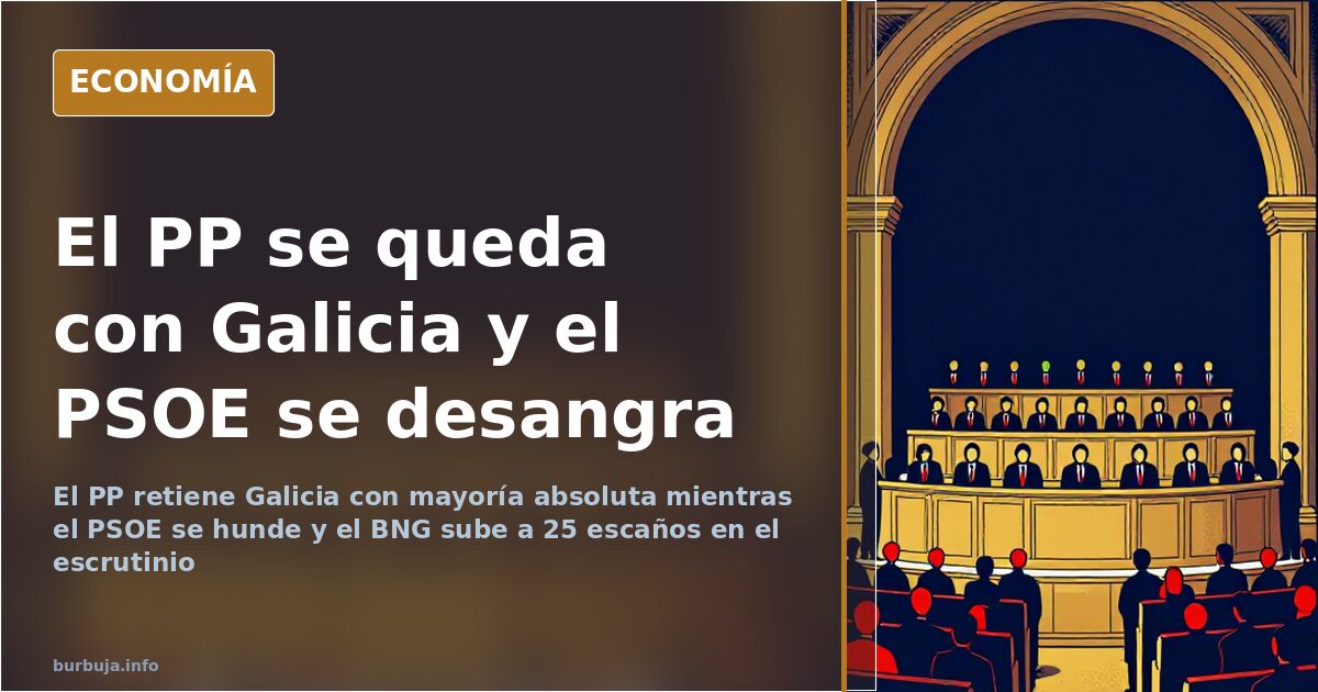 Ilustración editorial de un hemiciclo gallego con la mayoría de escaños en azul profundo y un grupo pequeño en verde ganando 