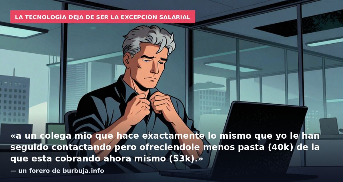 La tecnología deja de ser la excepción salarial: «a un colega mio que hace exactamente lo mismo que yo le han seguido contactando pero ofreciendole menos pasta (40k) de la que esta cobrando ahora mismo (53k).» — un forero de burbuja.info