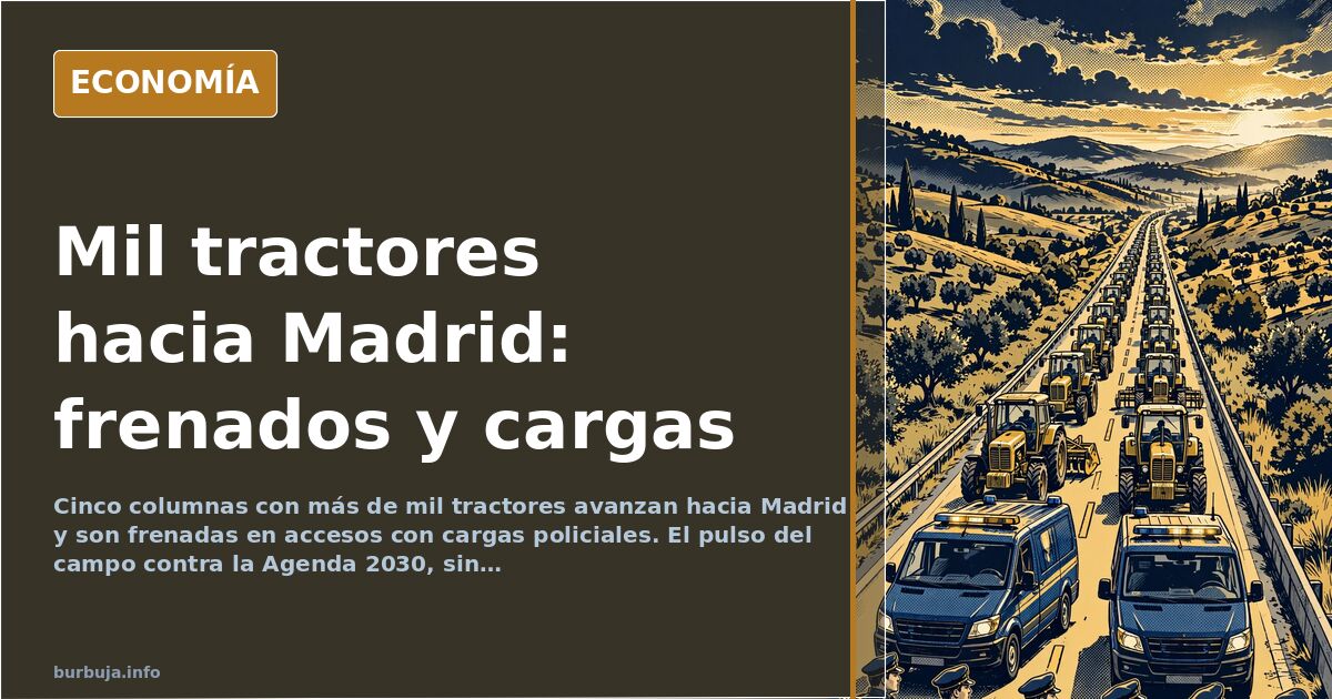 Tractores agrícolas detenidos por un cordón policial en una carretera de acceso a Madrid durante una protesta del sector prim