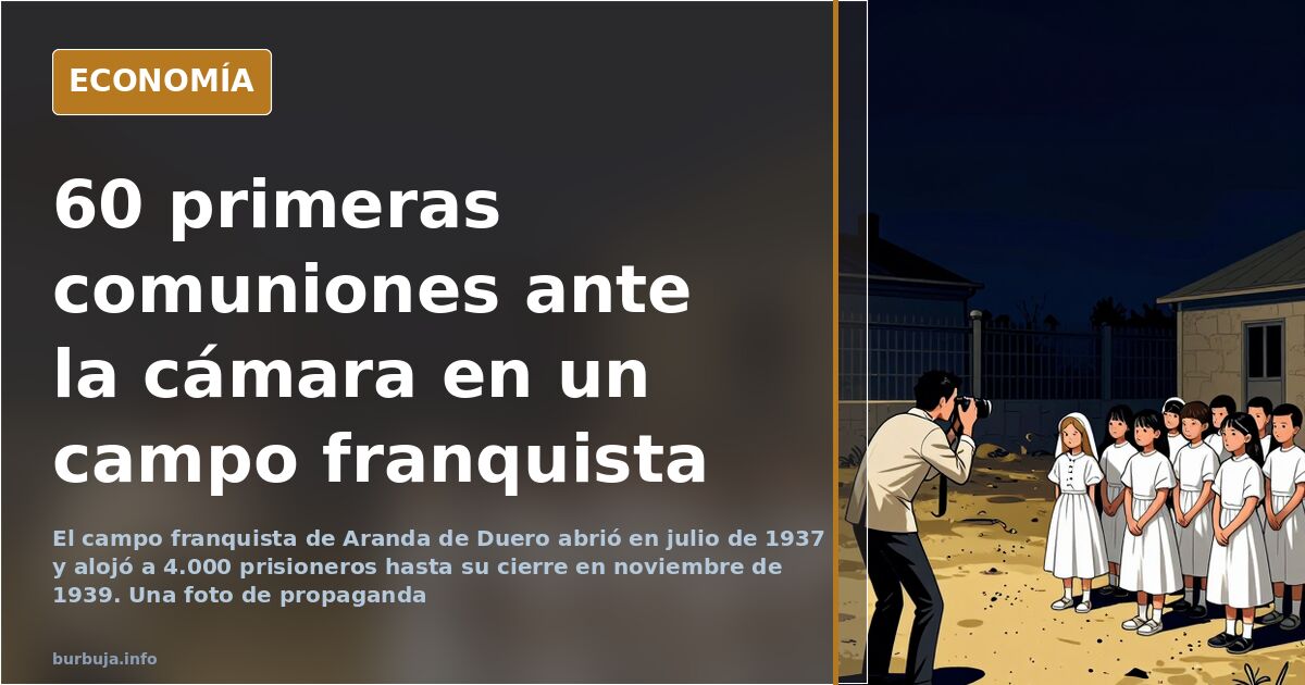 Fotografía coloreada del campo de concentración franquista de Aranda de Duero con prisioneros en un acto religioso