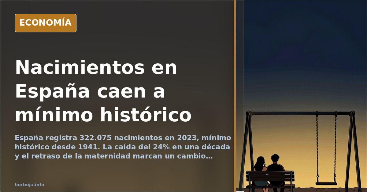 Gráfico de barras descendente mostrando la caída de nacimientos en España desde 2013 hasta 2023, con cifras en descenso
