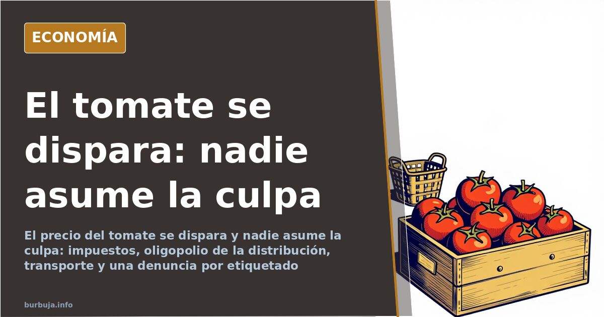 Tomates frescos apilados en un cajón de madera junto a una etiqueta de precio y una cesta de la compra desenfocada al fondo