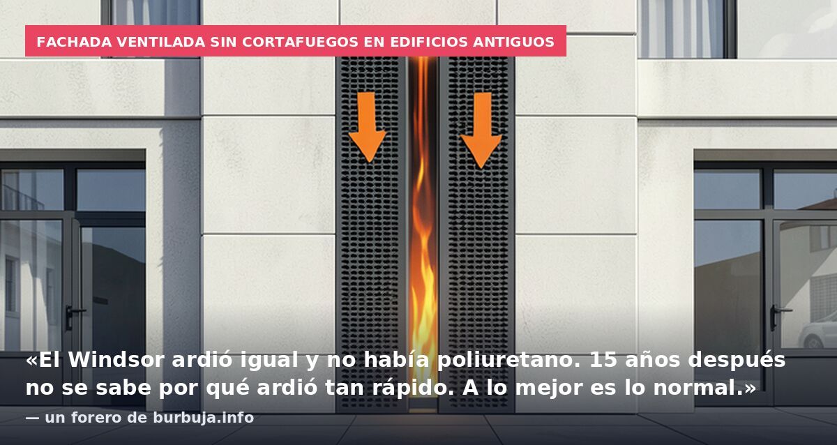 Fachada ventilada sin cortafuegos en edificios antiguos: «El Windsor ardió igual y no había poliuretano. 15 años después no se sabe por qué ardió tan rápido. A lo mejor es lo normal.» — un forero de burbuja.info