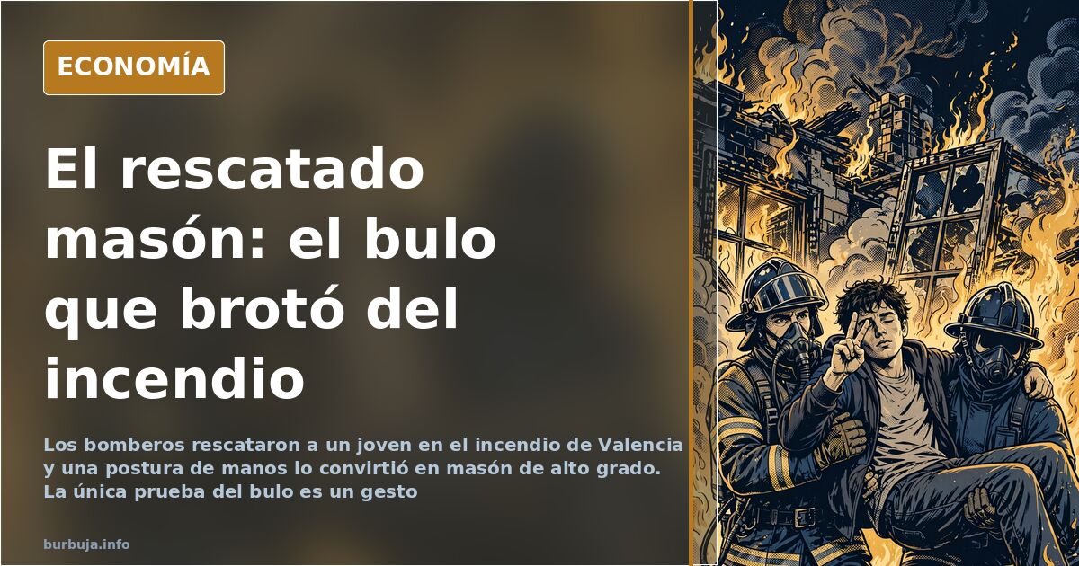 Ilustración editorial sobre el bulo del rescatado masón en el incendio de Valencia, con manos entrelazadas formando un rombo