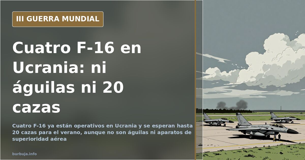 Cuatro cazas F-16 Fighting Falcon alineados en una base aérea con paleta desaturada y humo lejano en el horizonte