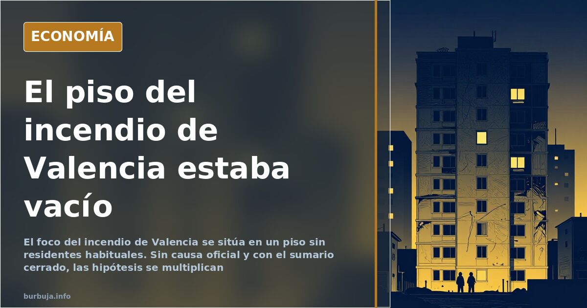 Fachada calcinada de un bloque de viviendas tras el incendio de Valencia, con una ventana vacía y siluetas de bomberos al pie