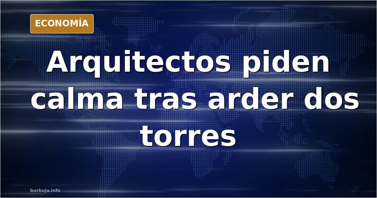 Ilustración editorial de dos torres de viviendas con fachada ventilada envueltas en llamas sobre fondo azul marino
