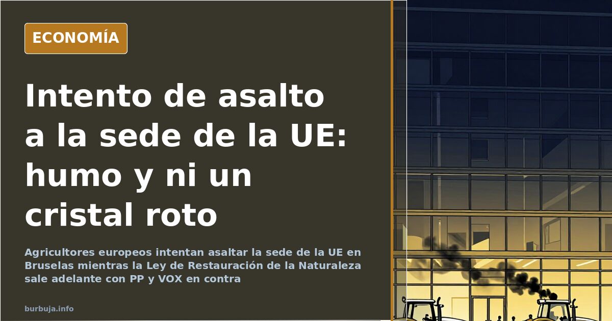 Edificio institucional europeo con humo durante la protesta de los agricultores en Bruselas