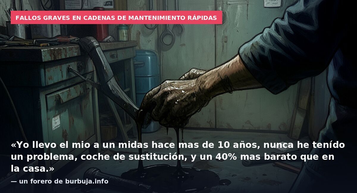 Fallos graves en cadenas de mantenimiento rápidas: «Yo llevo el mio a un midas hace mas de 10 años, nunca he tenído un problema, coche de sustitución, y un 40% mas barato que en la casa.» — un forero de burbuja.info