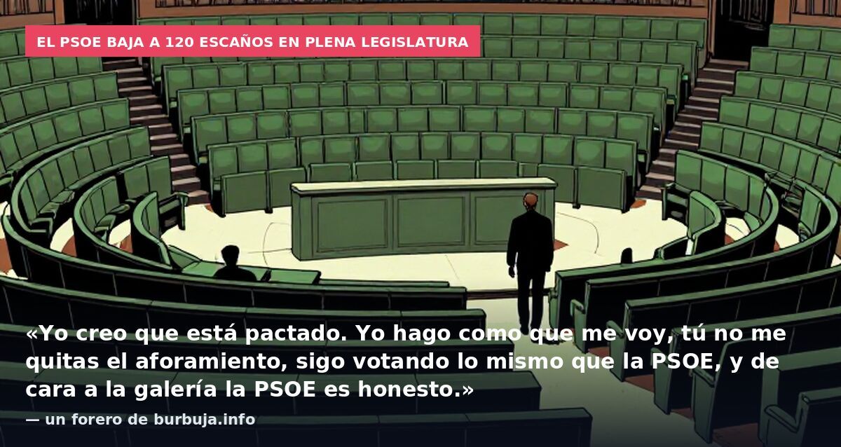 El PSOE baja a 120 escaños en plena legislatura: «Yo creo que está pactado. Yo hago como que me voy, tú no me quitas el aforamiento, sigo votando lo mismo que la PSOE, y de cara a la galería la PSOE es honesto.» — un forero de burbuja.info