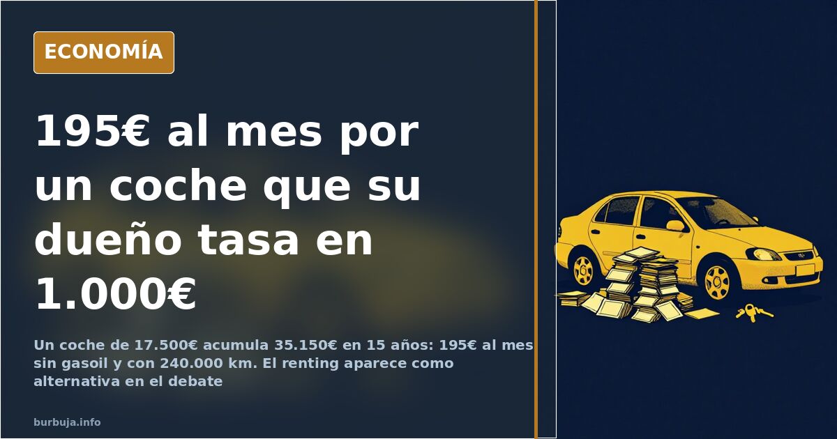 Ilustración de un coche de 15 años junto a facturas de seguro, ITV y mantenimiento que explican su coste mensual