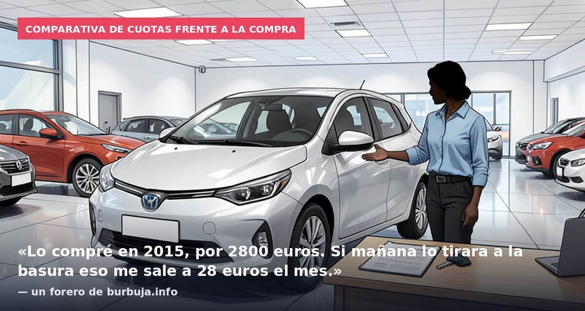Comparativa de cuotas frente a la compra: «Lo compré en 2015, por 2800 euros. Si mañana lo tirara a la basura eso me sale a 28 euros el mes.» — un forero de burbuja.info