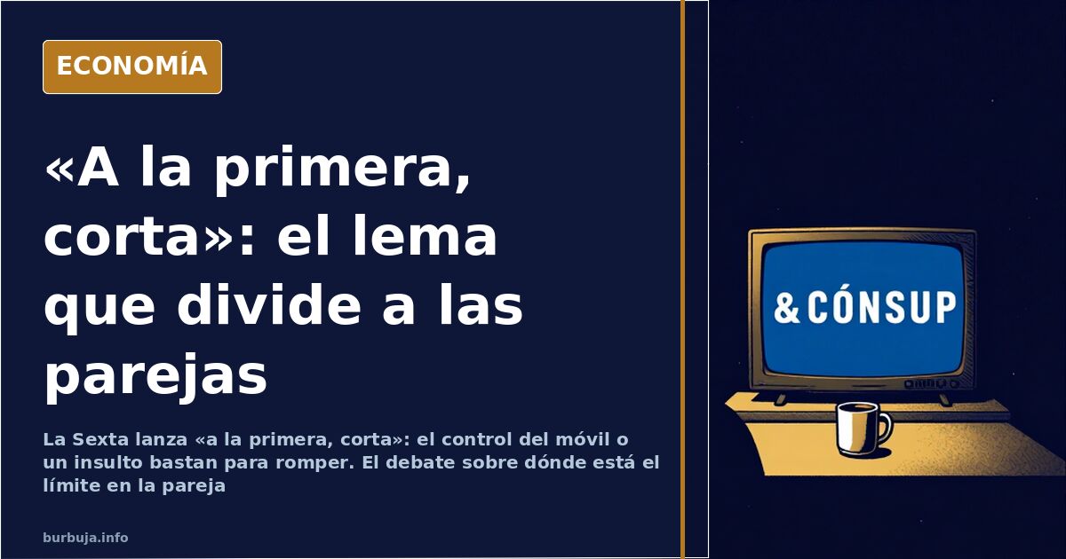 Pantalla con el eslogan «a la primera, corta» en un salón, ilustración de la campaña sobre pareja y violencia de género
