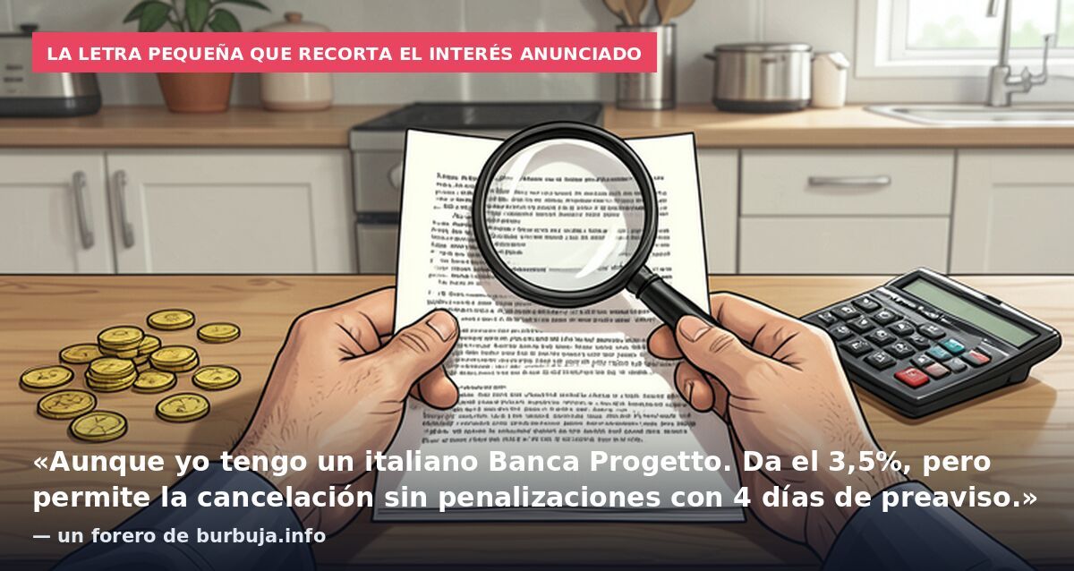 La letra pequeña que recorta el interés anunciado: «Aunque yo tengo un italiano Banca Progetto. Da el 3,5%, pero permite la cancelación sin penalizaciones con 4 días de preaviso.» — un forero de burbuja.info