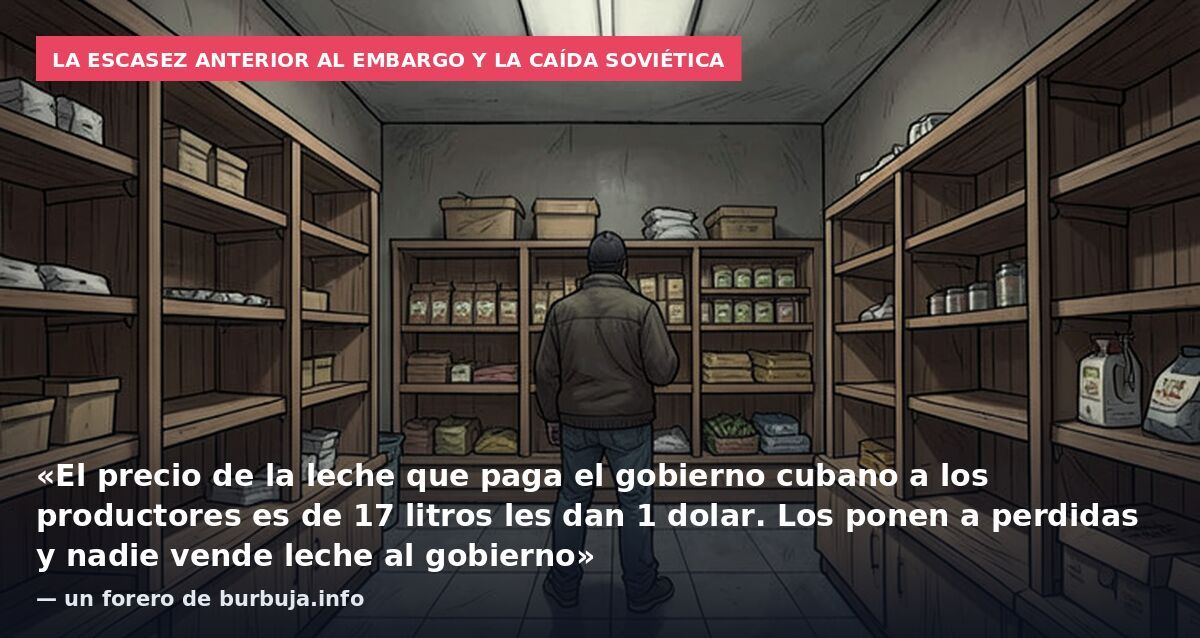 La escasez anterior al embargo y la caída soviética: «El precio de la leche que paga el gobierno cubano a los productores es de 17 litros les dan 1 dolar. Los ponen a perdidas y nadie vende leche al gobierno» — un forero de burbuja.info