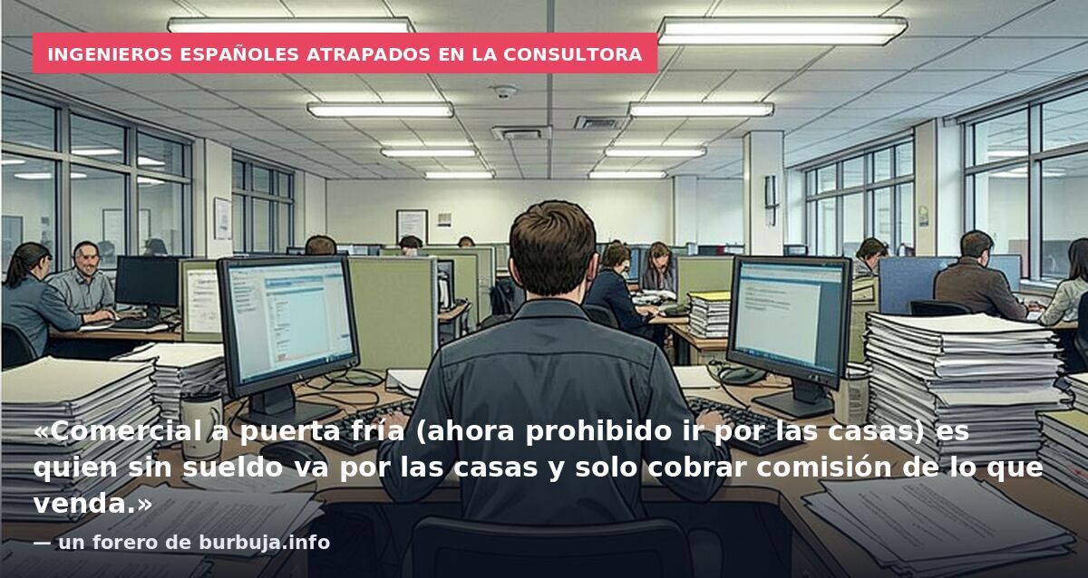 Ingenieros españoles atrapados en la consultora: «Comercial a puerta fría (ahora prohibido ir por las casas) es quien sin sueldo va por las casas y solo cobrar comisión de lo que venda.» — un forero de burbuja.info