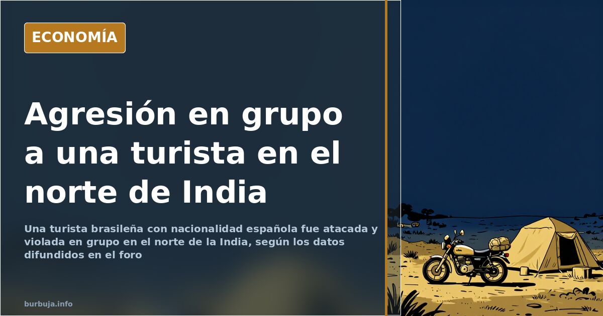Motocicleta con alforjas y una tienda de campaña junto a una carretera terrosa en una zona rural del norte de la India