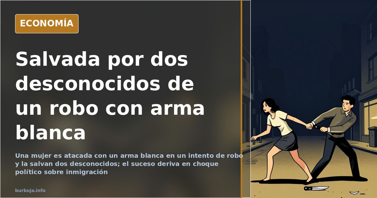 Escena urbana con una mujer y dos transeúntes que intervienen durante un intento de robo con arma blanca