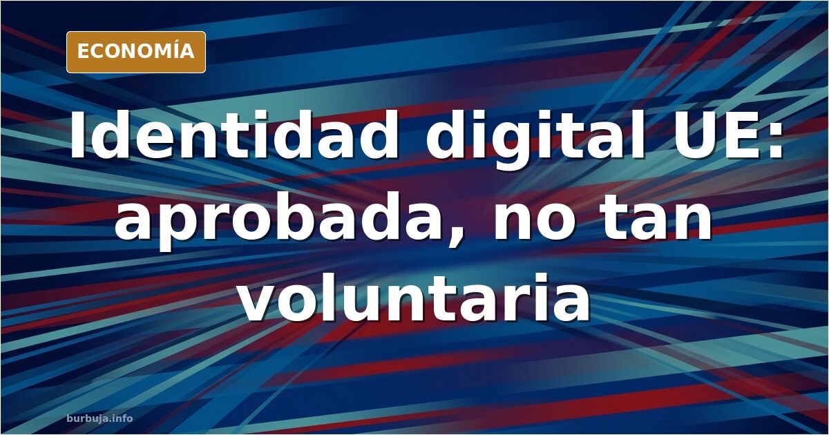 Ilustración editorial de una tarjeta de identidad digital europea flotando sobre un mapa de Europa en tonos azul marino y dor