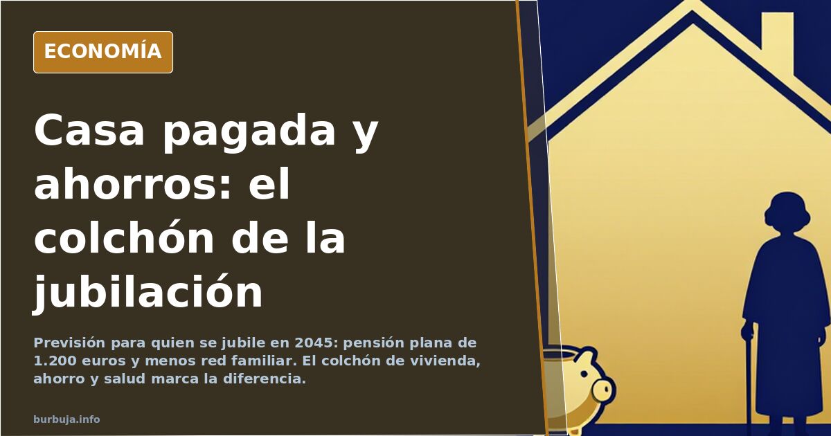Ilustración editorial con una casa sin hipoteca, una hucha y la silueta de una persona mayor: el ahorro para la jubilación