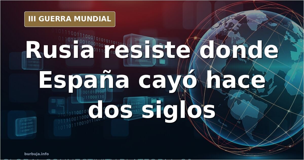 Mapa de Europa desaturado con siluetas de equipamiento militar y humo lejano en el horizonte simbolizando la resistencia rusa