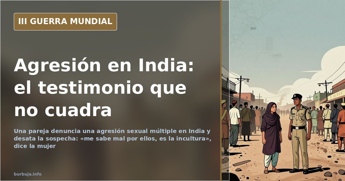 Pareja viajera con un mapa de la India de fondo, siluetas lejanas y humo en el horizonte, ilustración documental desaturada