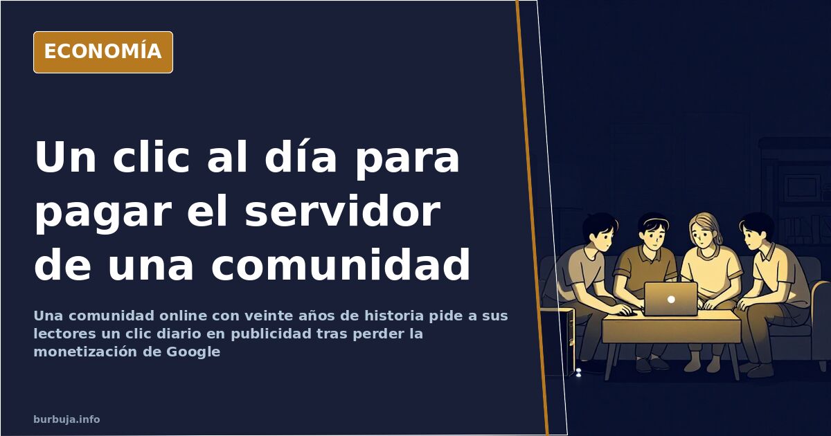 Persona haciendo clic en un anuncio desde el móvil frente a la pantalla de una comunidad online veterana con banners laterale